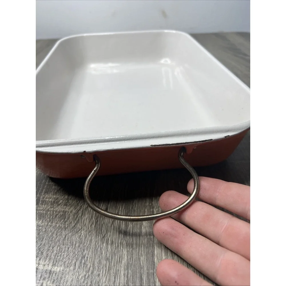 VTG Le Creuset France Orange Casserole Lasagna Pan Enameled Bail Handles Large - Picture 13 of 16